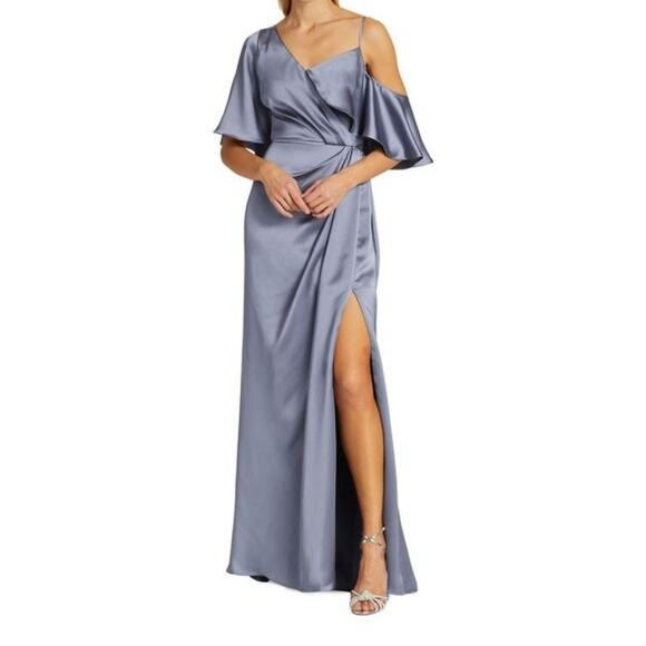 Amsale Blue Asymmetric Ruffle Sleeve Gown Women Dress Size 14 - Picture 1 of 8